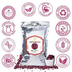 Cure wid Pure open bag displaying dried rose petal texture and natural color