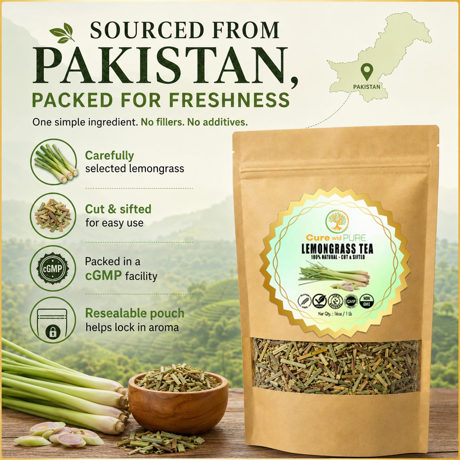 Cure wid Pure scooping dried lemongrass with measuring spoon illustrating portion control