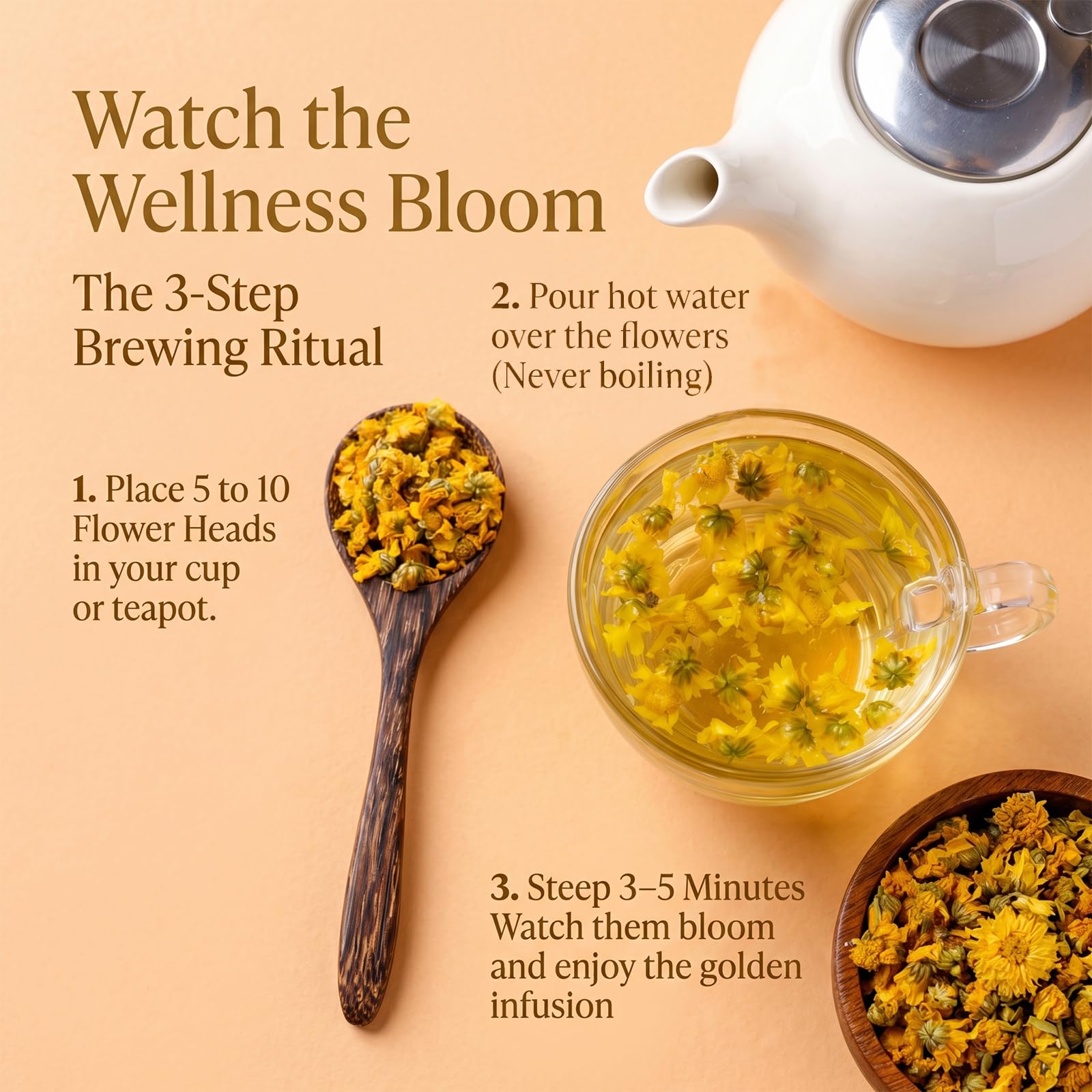pouring golden chrysanthemum tea from a teapot made with Cure Wid Pure flowers for gentle flavor