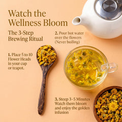 pouring golden chrysanthemum tea from a teapot made with Cure Wid Pure flowers for gentle flavor