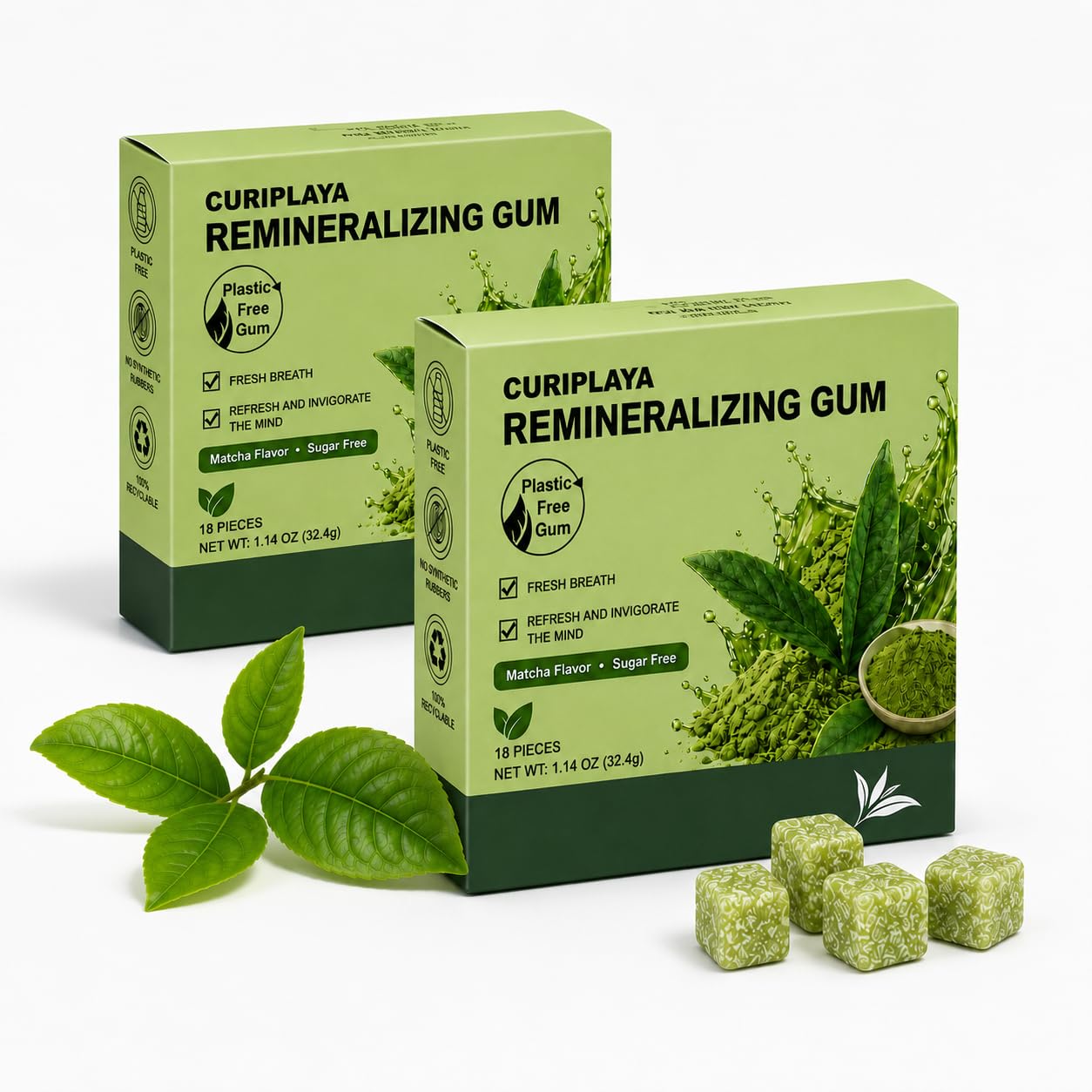 CURIPLAYA front packaging showing matcha gum and benefits