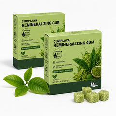CURIPLAYA front packaging showing matcha gum and benefits