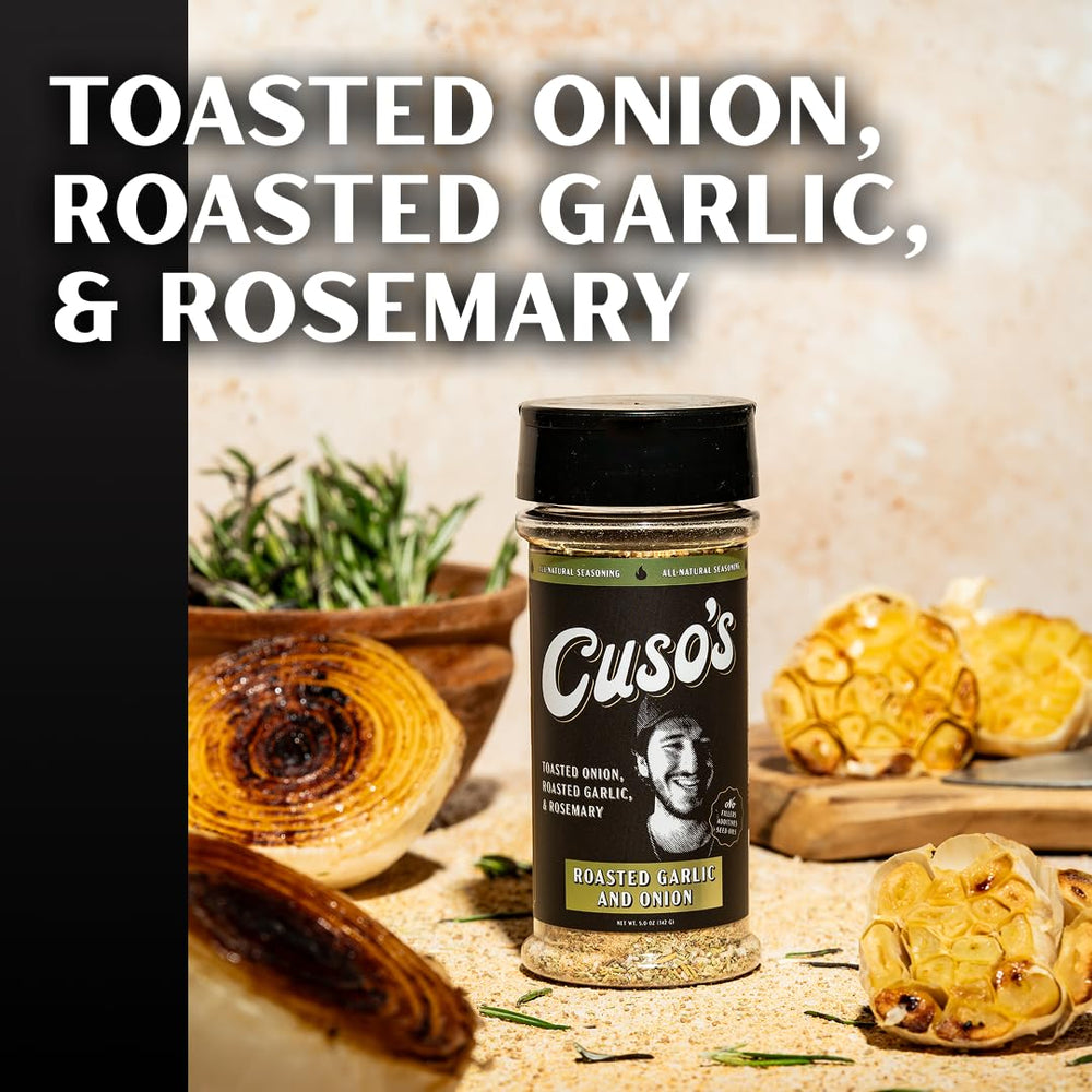 Cuso Cuts close-up texture of rub highlighting roasted garlic-onion aroma