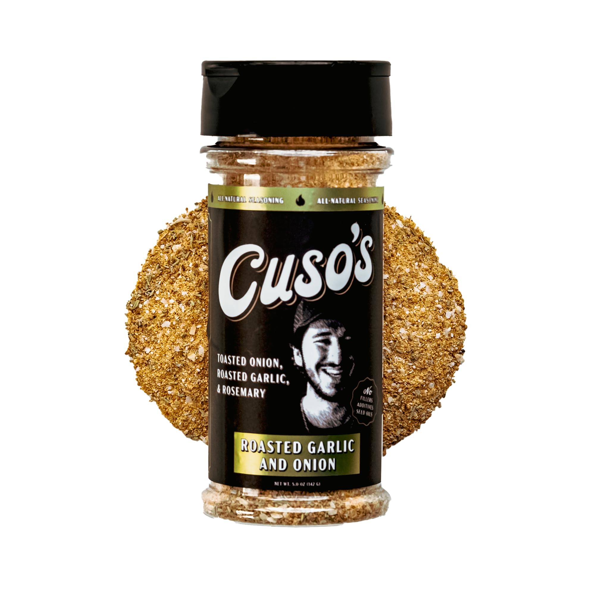 Cuso Cuts front label showing roasted garlic and onion flavor and clear benefit
