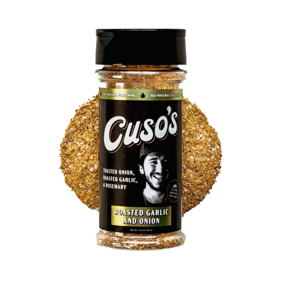 Cuso Cuts front label showing roasted garlic and onion flavor and clear benefit