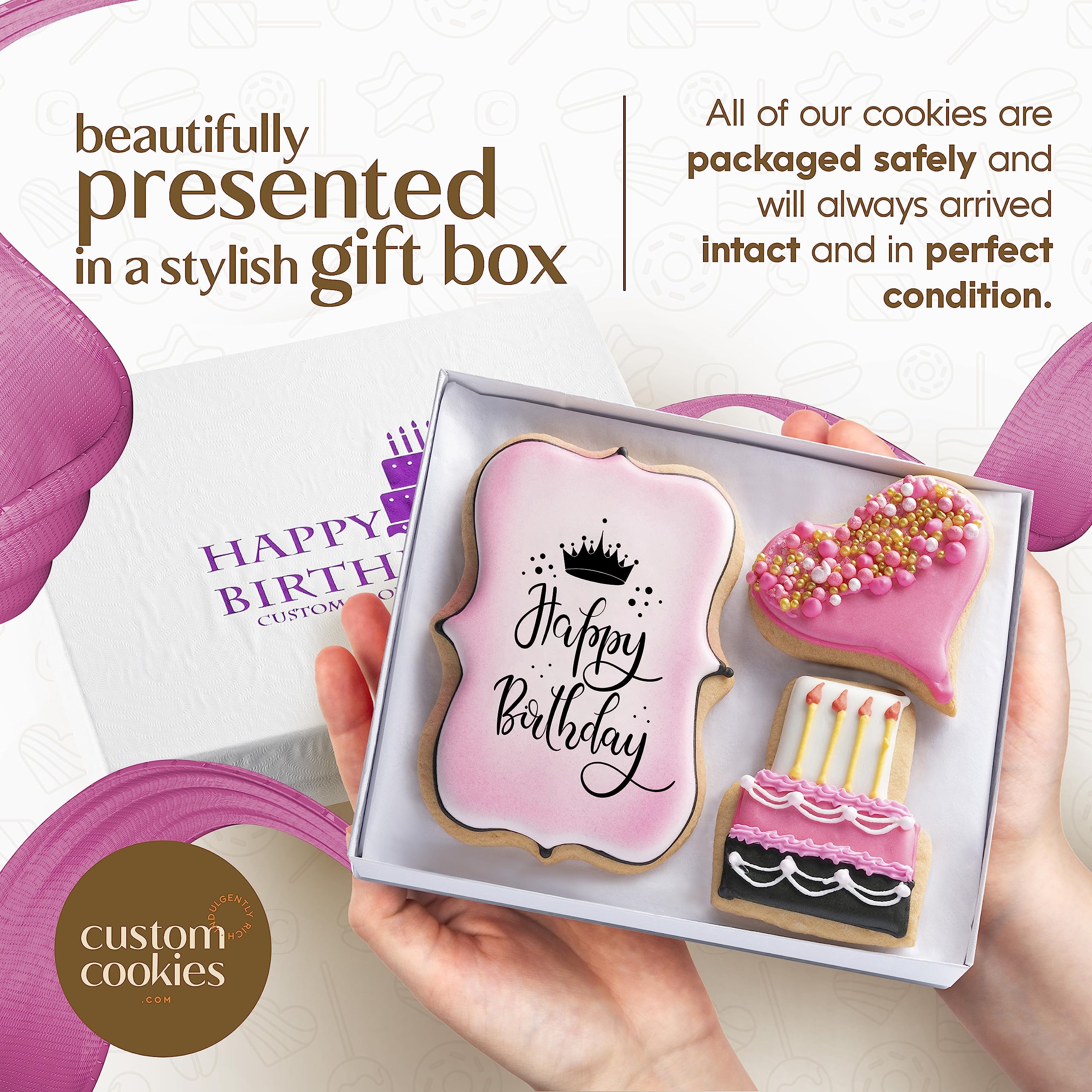 Custom Cookies on birthday table lifestyle shot conveying celebratory gifting ease