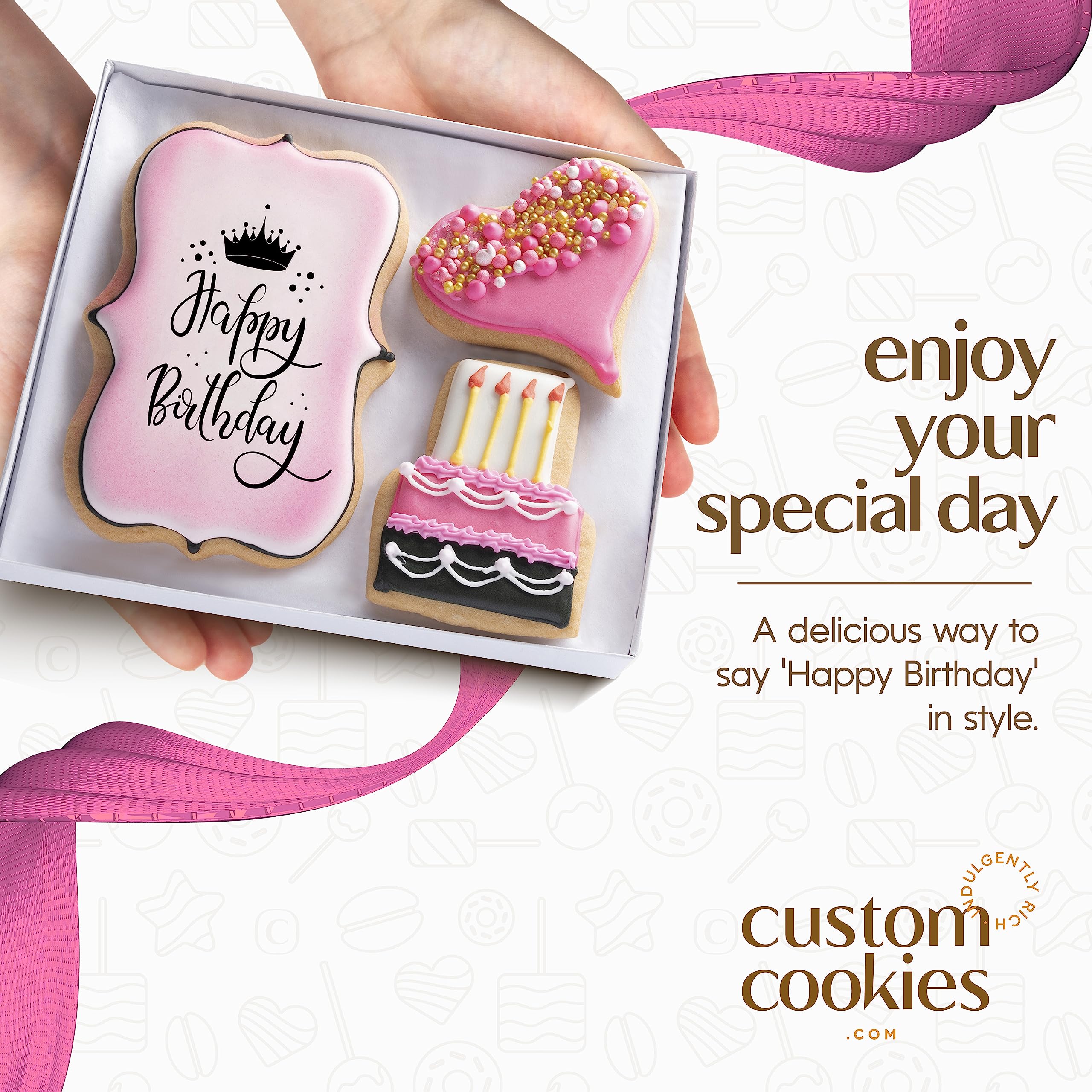 Custom Cookies close up of pink heart iced cookie highlighting artisan detail