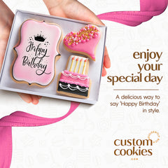 Custom Cookies close up of pink heart iced cookie highlighting artisan detail