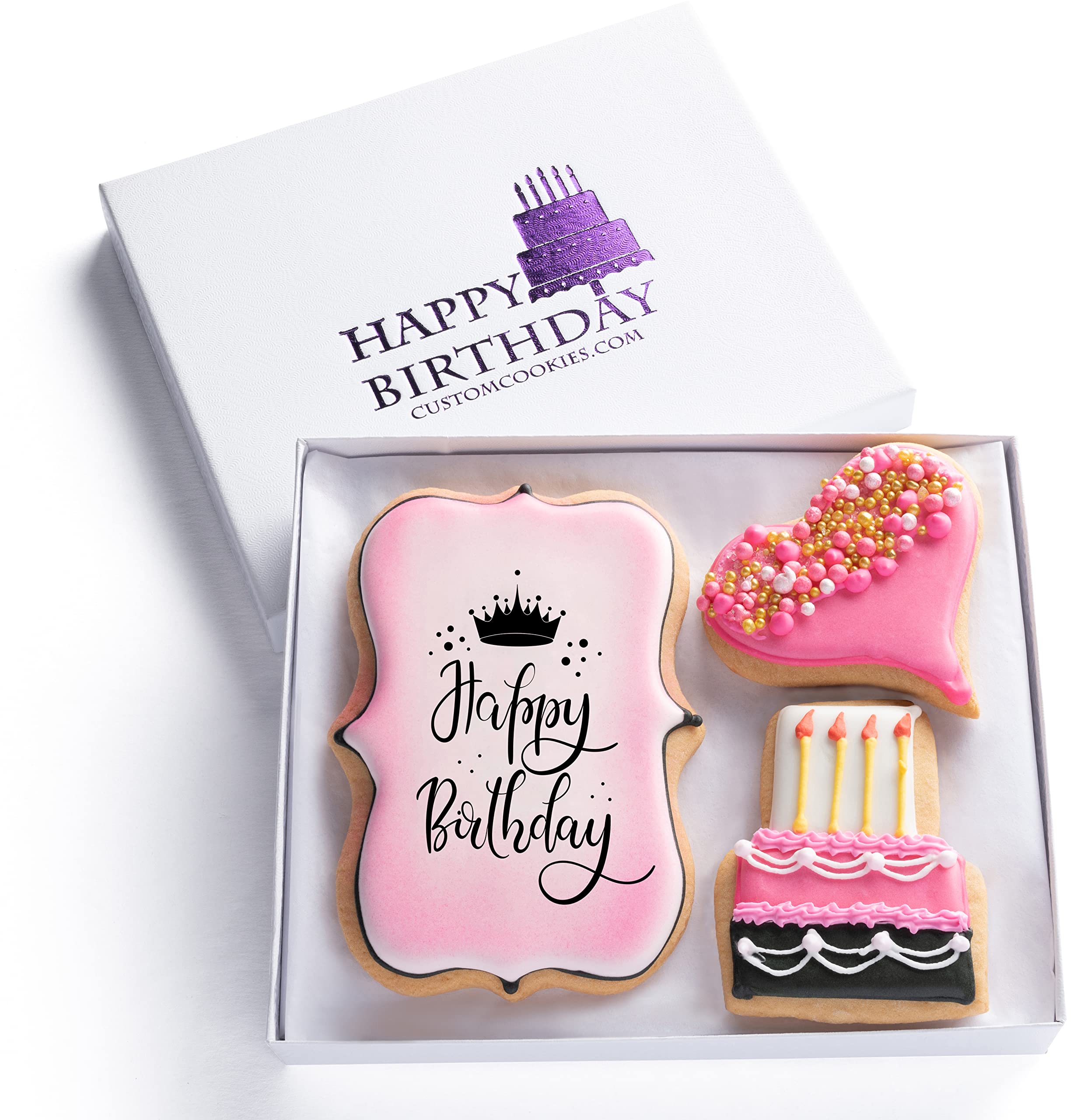 Custom Cookies front of gift box showing happy birthday presentation and wow factor