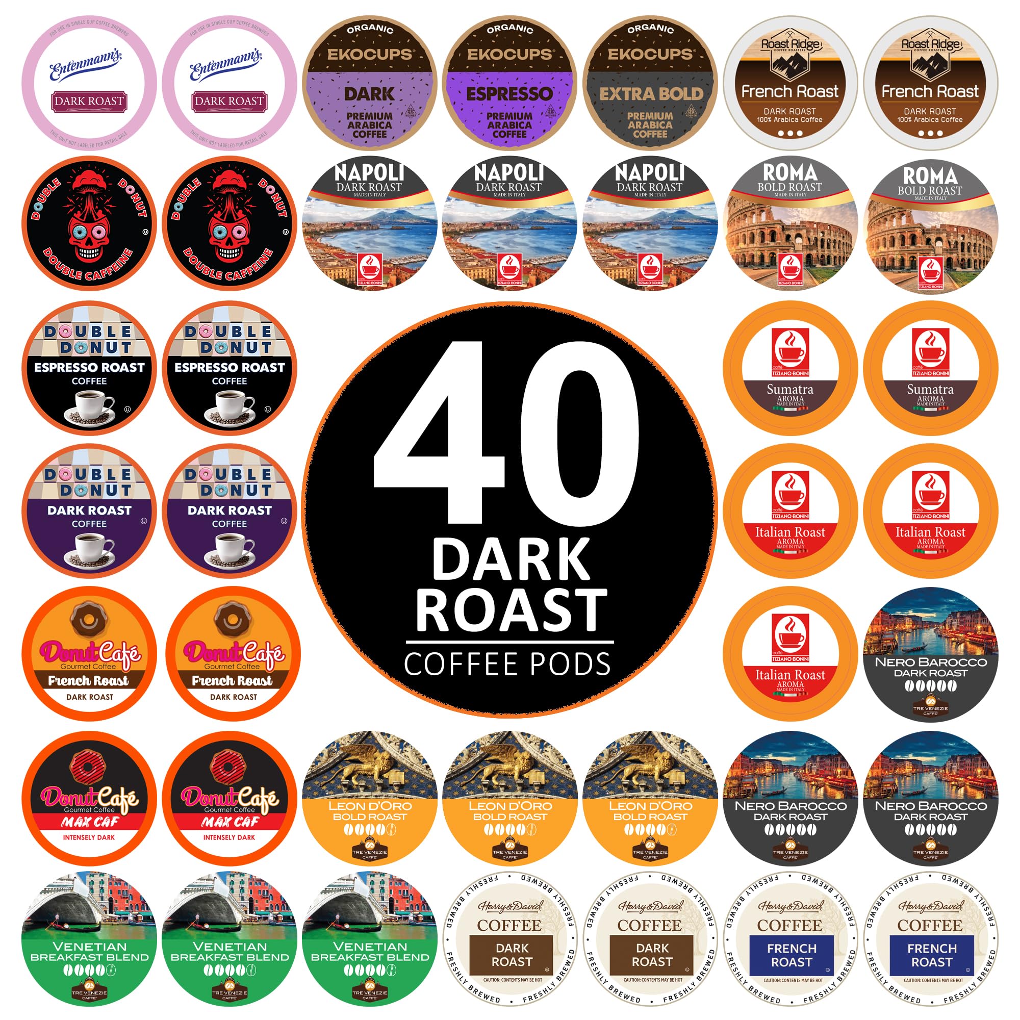 Custom Variety Pack front packaging showing 40 dark roast pods and brand mix for convenience