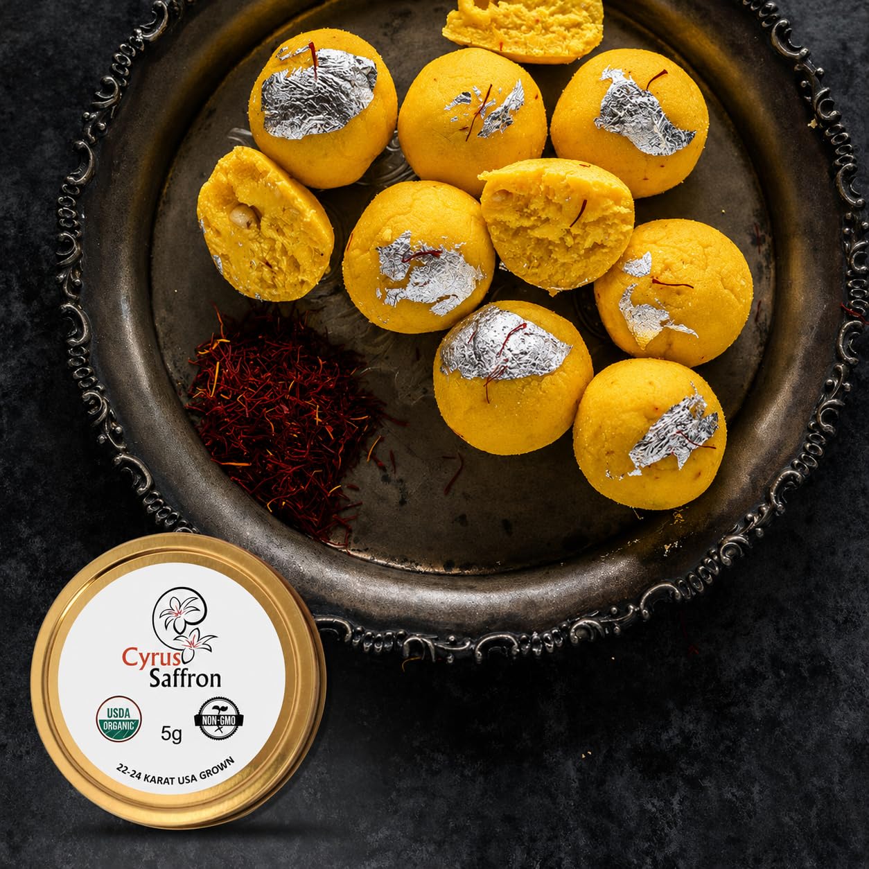 Cyrus Saffron threads steeping in warm water releasing deep golden color