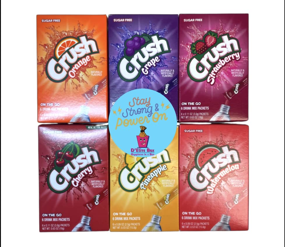 D'Elite Box front-facing gift box showing six assorted Crush packets and branding benefits