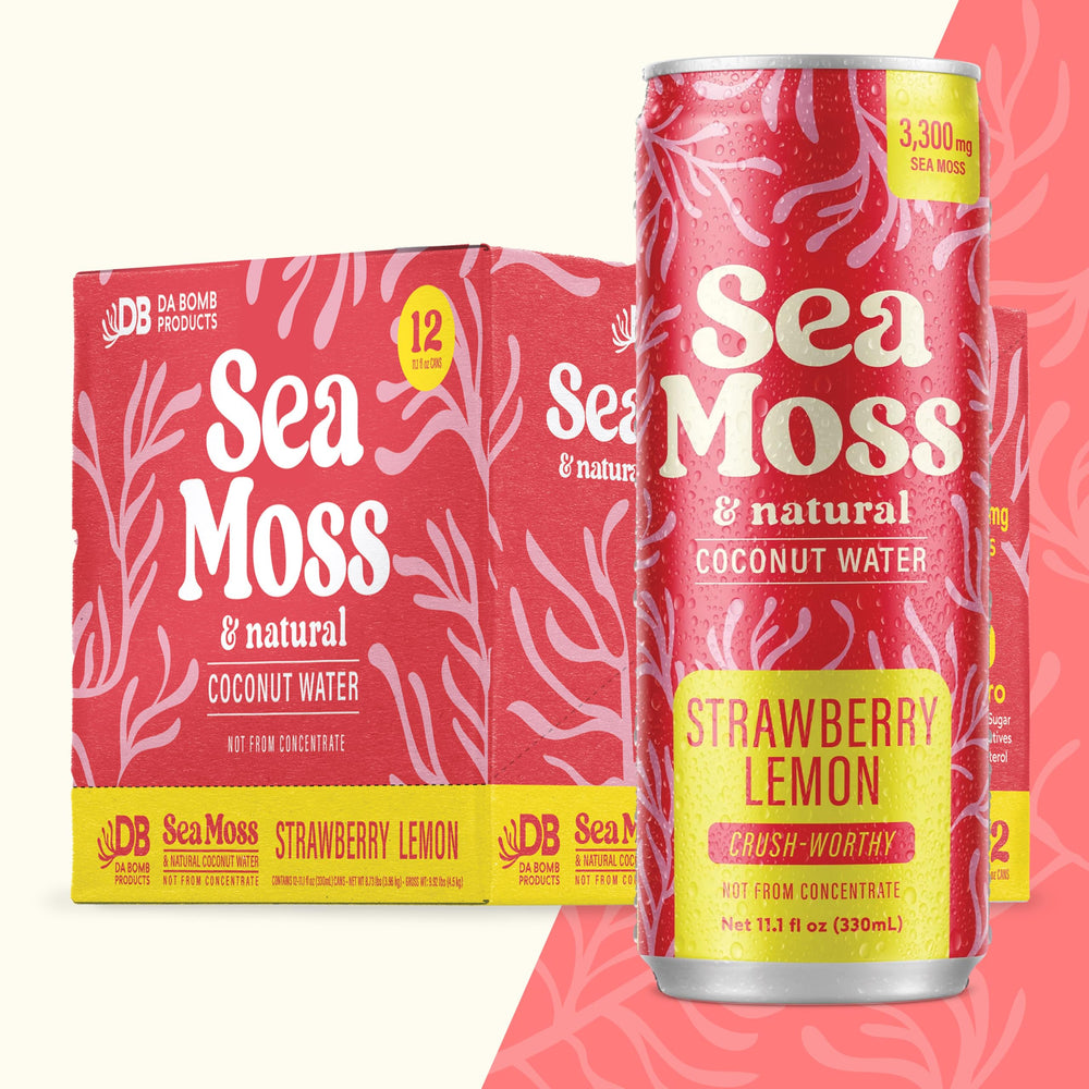 Da Bomb Sea Moss front packaging showing can and branding, highlights clean ingredients