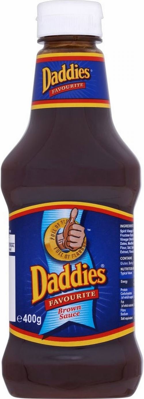 Daddies brown sauce front packaging showing label and serving suggestion benefit