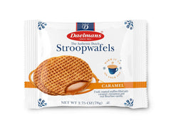 Daelmans stroopwafel close-up of golden waffle texture, highlights crisp exterior benefit