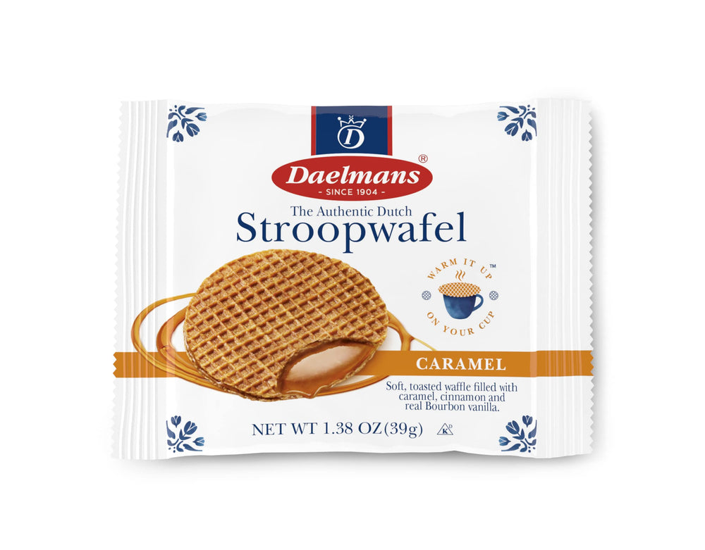 Daelmans front packaging showing 12-count caramel stroopwafels and convenience