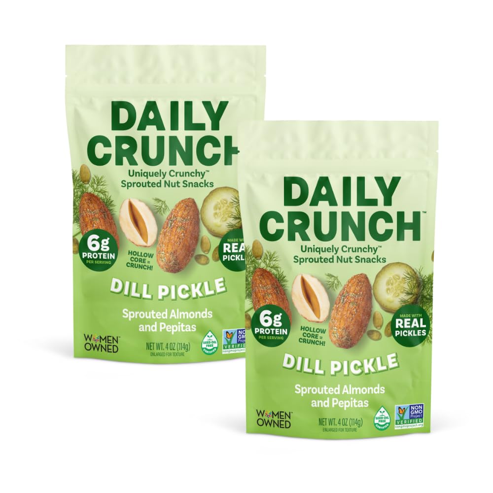 Daily Crunch front packaging showing dill-pickle flavor and clean ingredients benefits