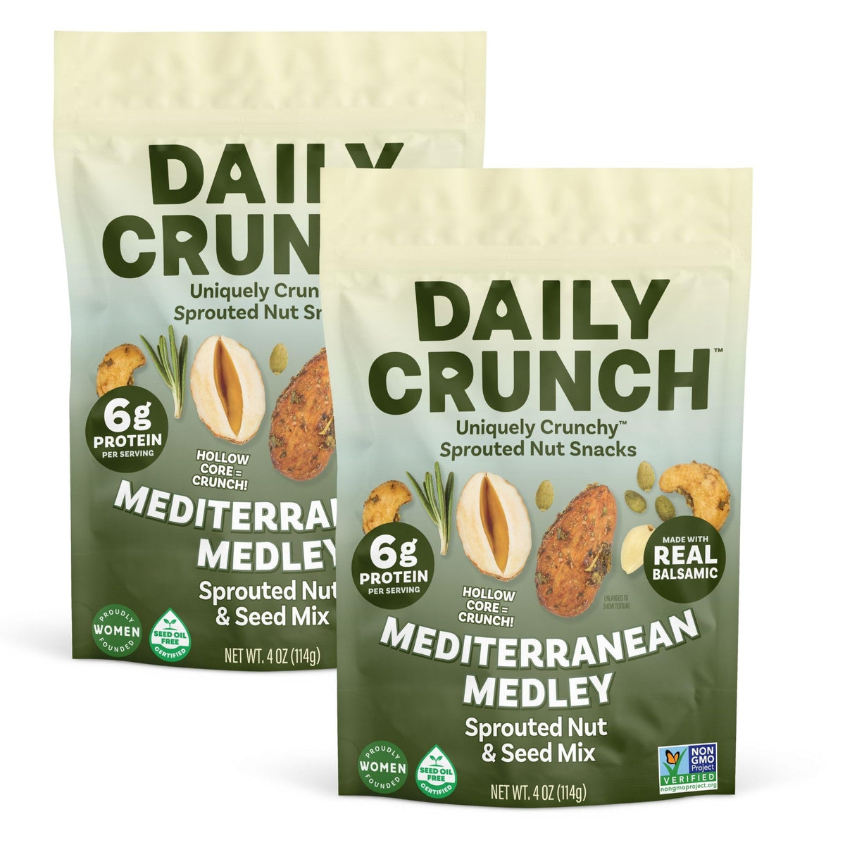Daily Crunch front packaging showing Mediterranean Medley, bright and informative