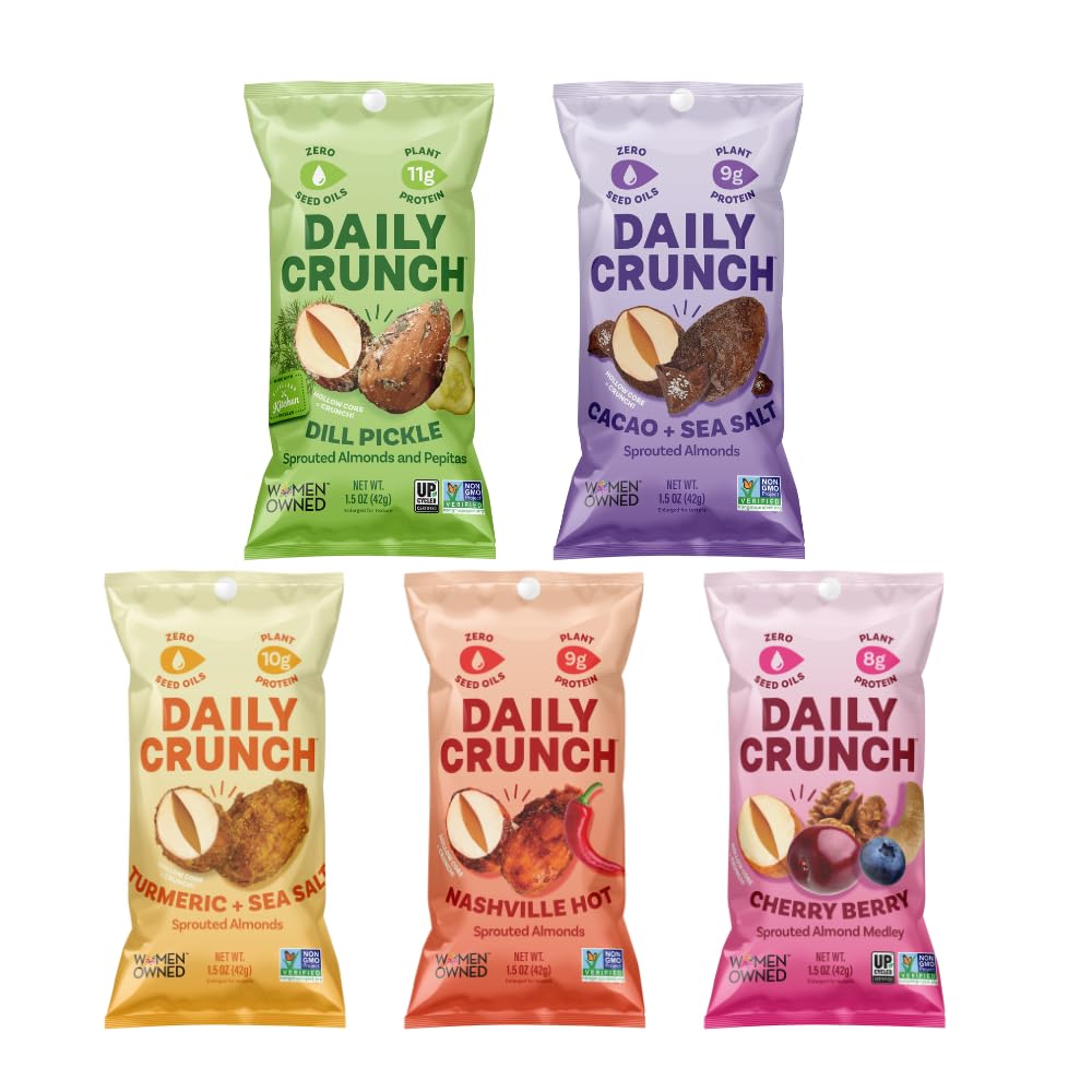 Daily Crunch front packaging showing five 1.5 oz bags, convenient portioning benefit