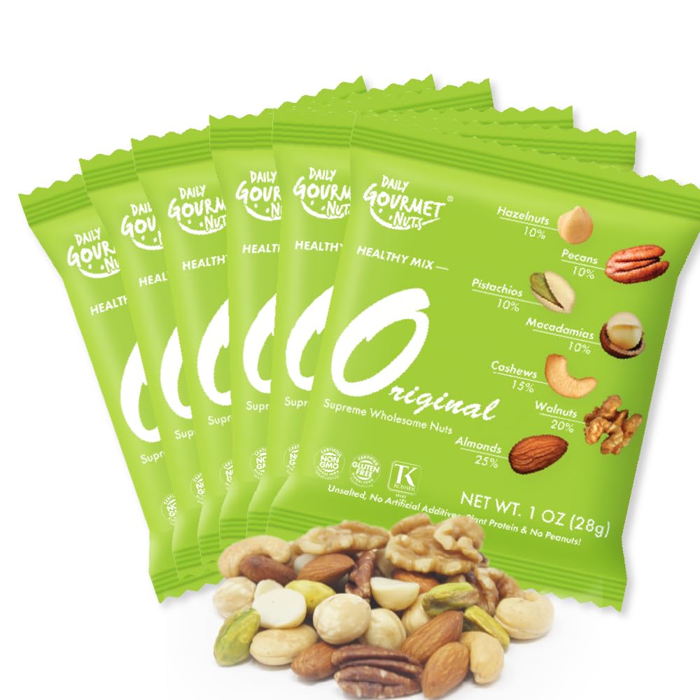 Daily Gourmet Nuts front packaging showing unsalted seven-nut assortment and benefits