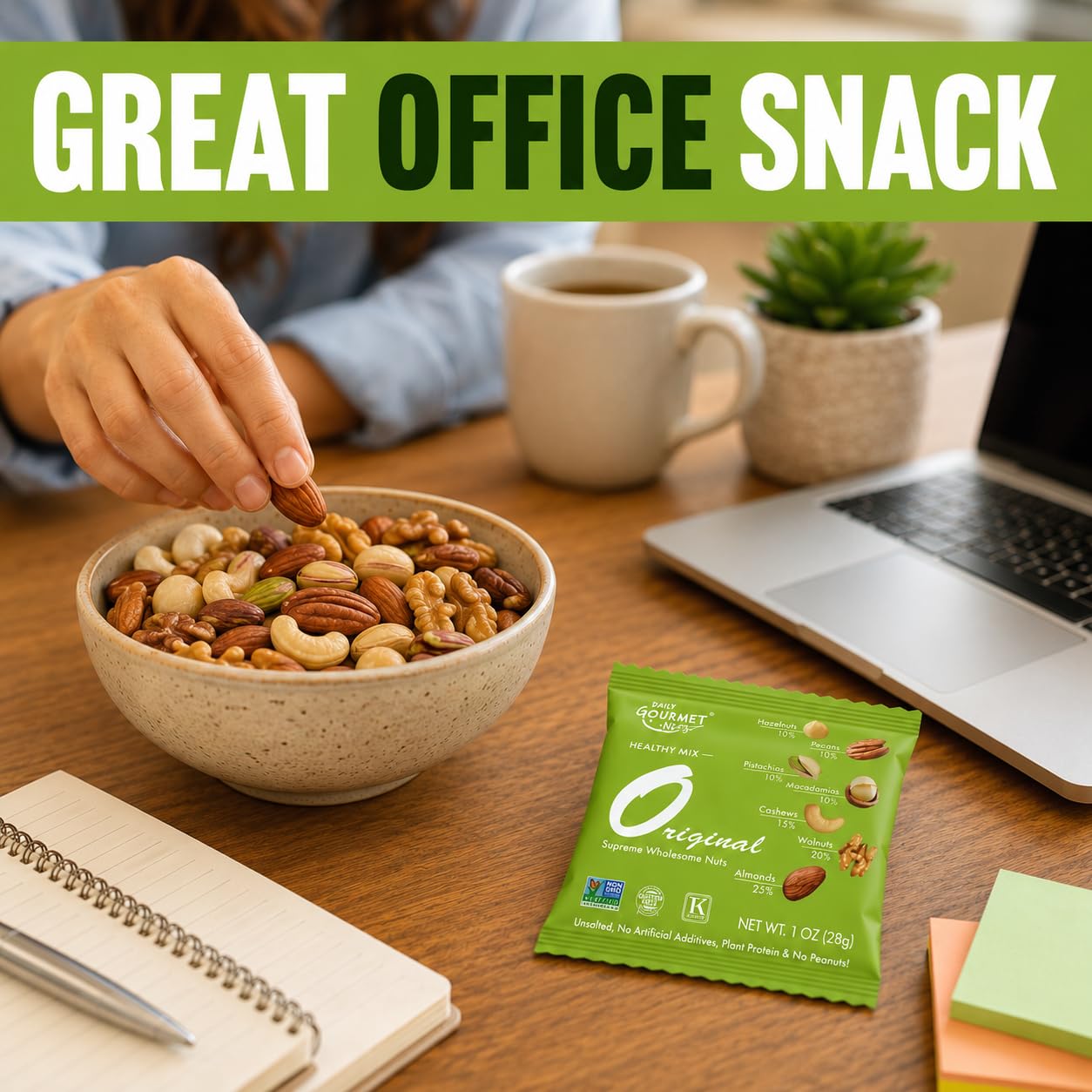 Daily Gourmet Nuts label close-up showing Gluten Free Non-GMO Kosher credentials