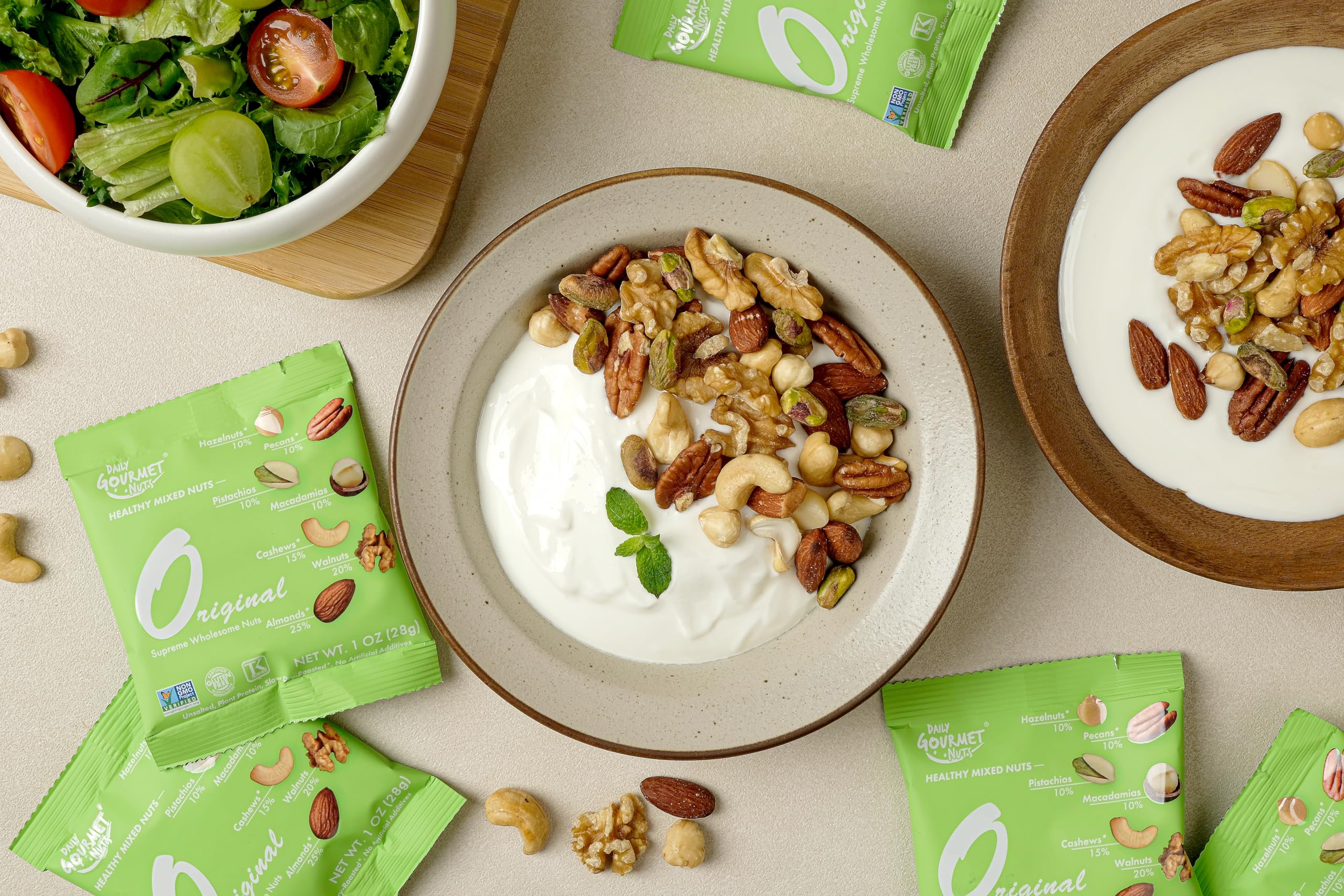 Daily Gourmet Nuts opened pouch with nuts spilling out showing easy, fresh serving