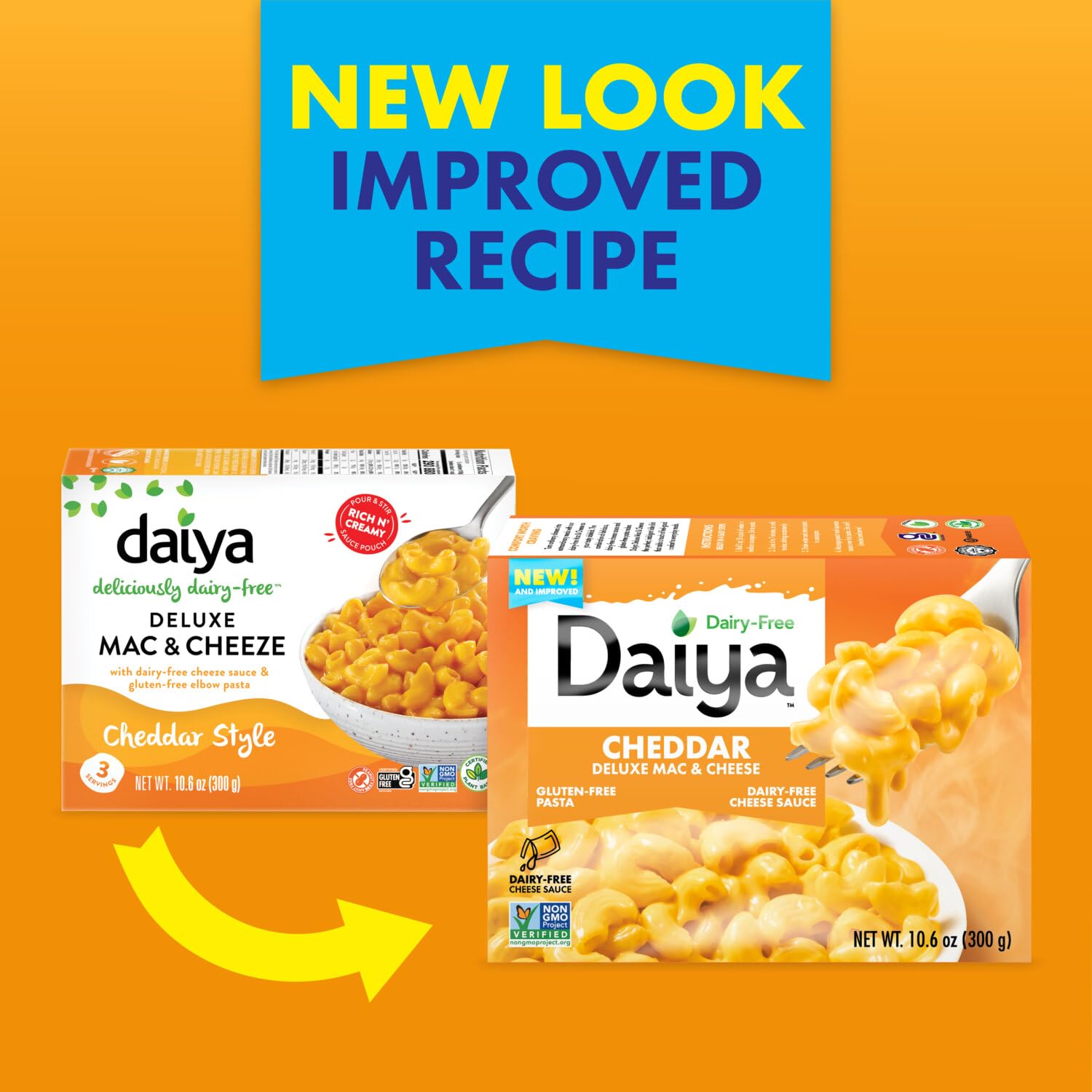 Daiya eight-pack stacked to show pantry-ready bulk convenience