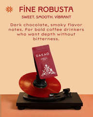 Dakao whole beans close-up showing dark roast texture and sheen