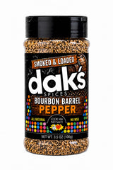 DAK's jar front view showing bold bourbon barrel pepper, highlights smoky flavor