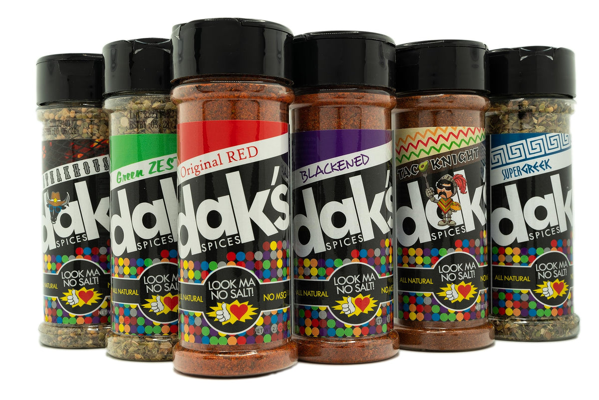 DAK's Spices 6 pack front packaging showing all six salt-free blends and variety benefits