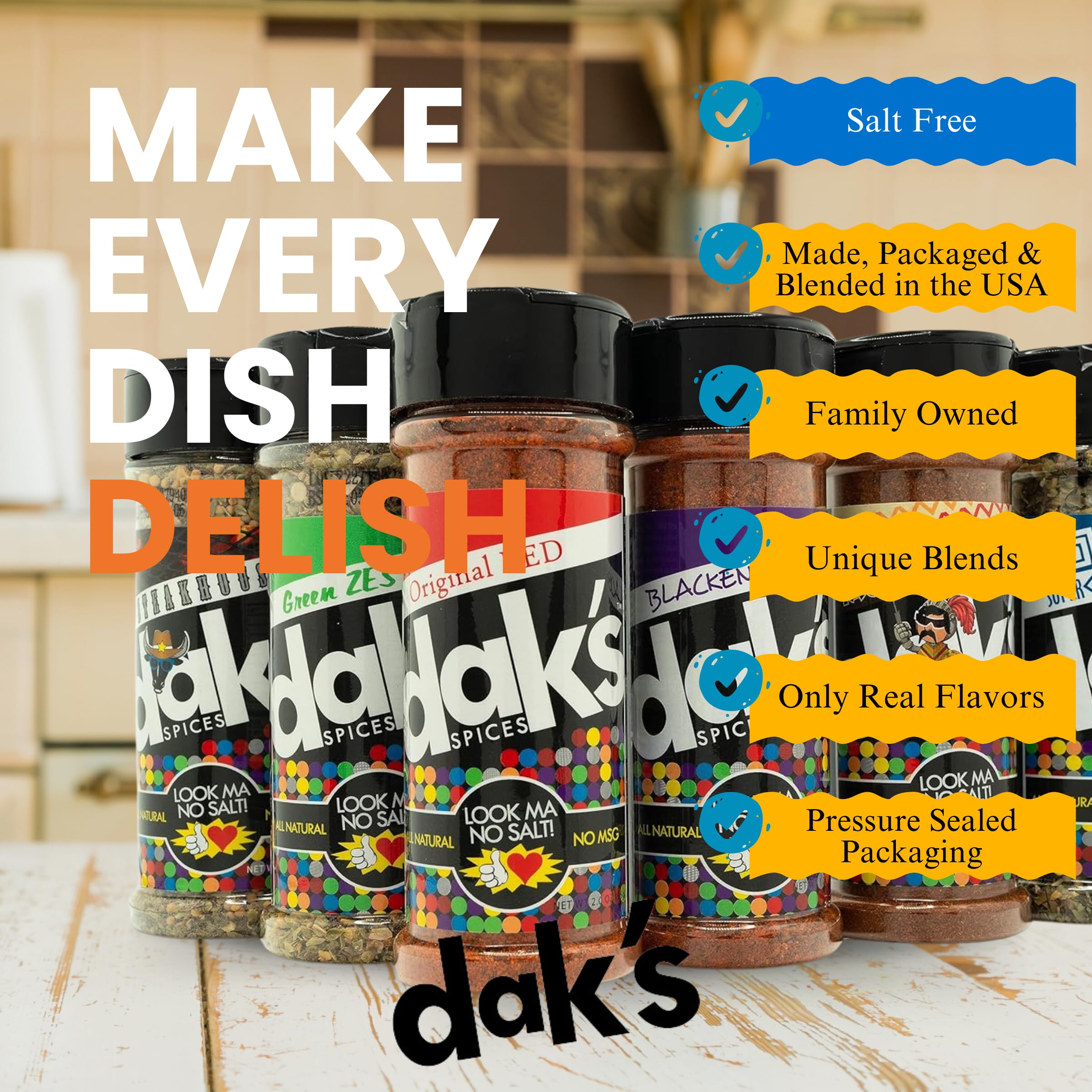 DAK's Spices Steakhouse label close-up highlighting clean ingredients and bold flavor