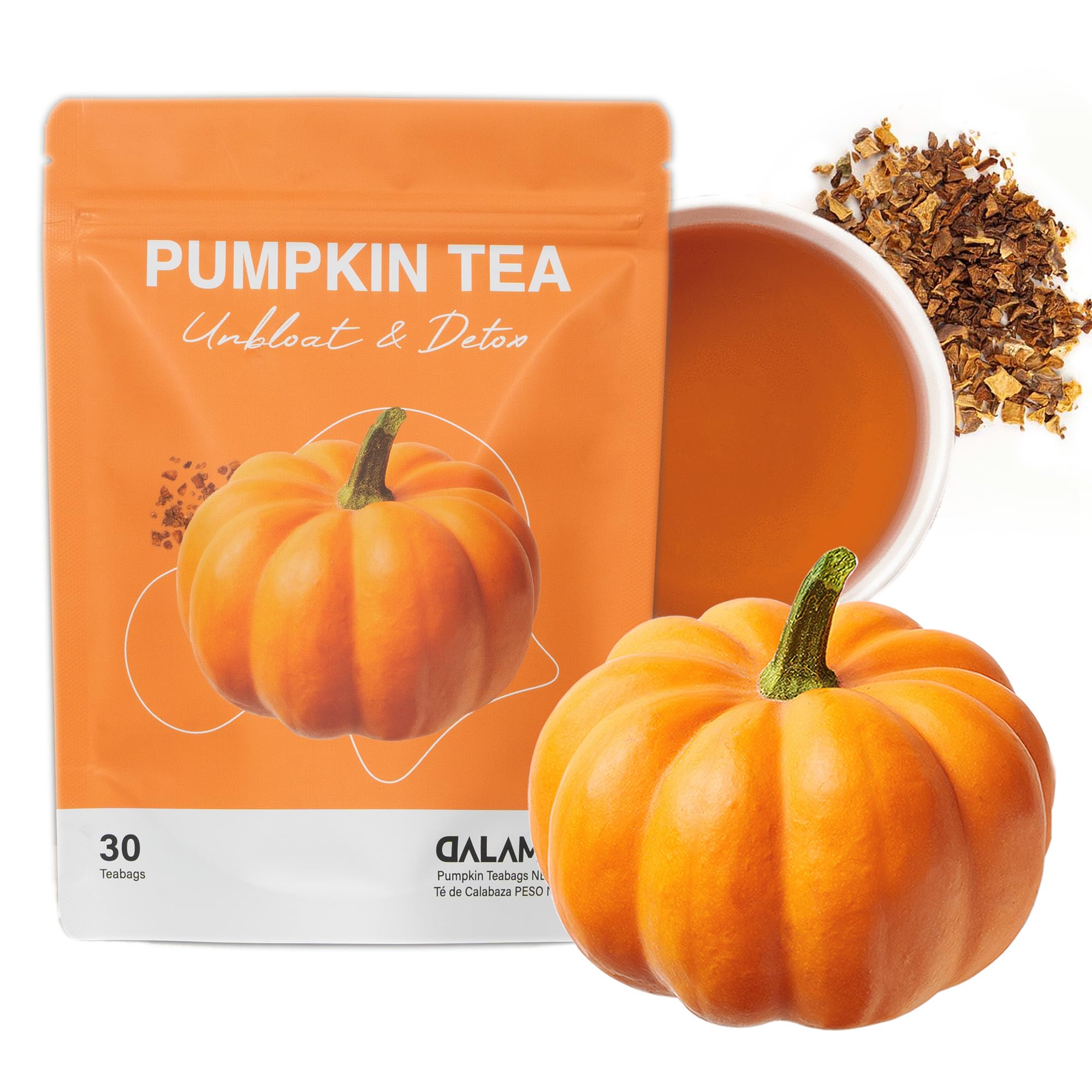 DALAMHARI front packaging showing 30-count pumpkin tea bags and brand clarity