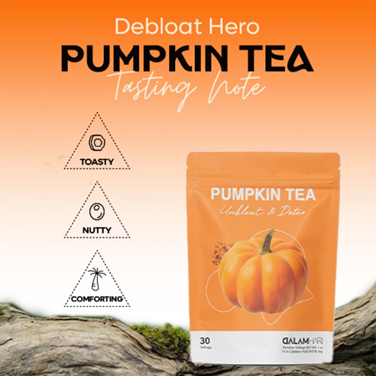 DALAMHARI display of all 30 tea bags showing portion count and convenient packaging