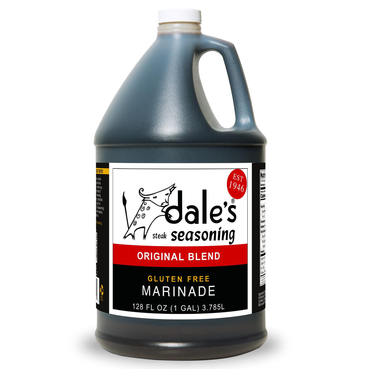 Dale's Steak Seasoning front label showing brand and gallon container for convenient serving