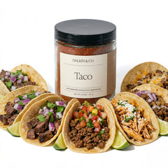 Dalkin & Co front packaging view displaying the taco seasoning jar and label, highlights clean ingredients