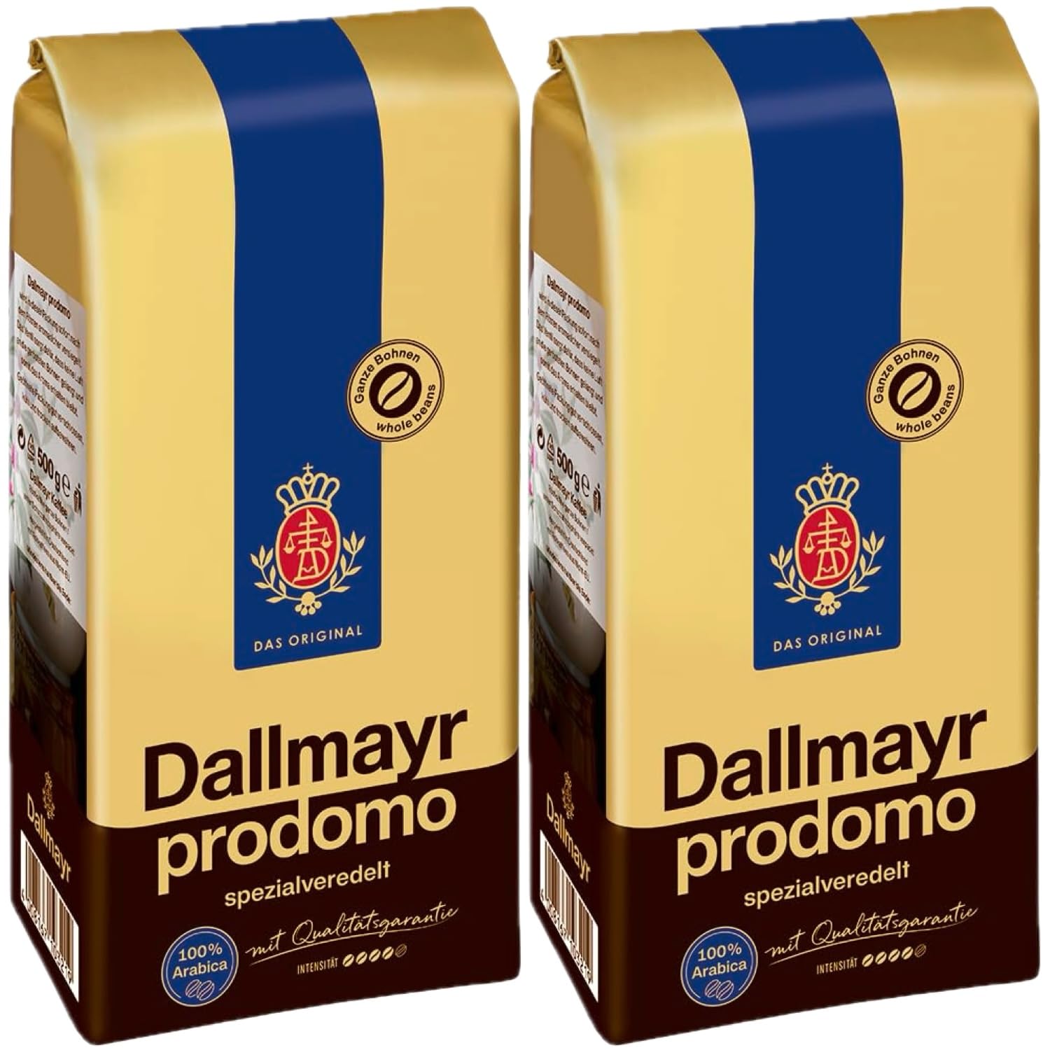 Dallmayr Prodomo front packaging showing twin 1.1 lb bags and brand clarity benefit