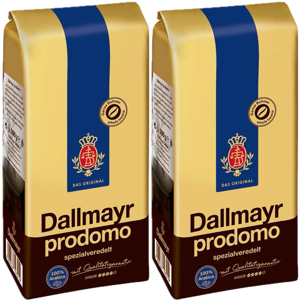 Dallmayr Prodomo front packaging showing twin 1.1 lb bags and brand clarity benefit