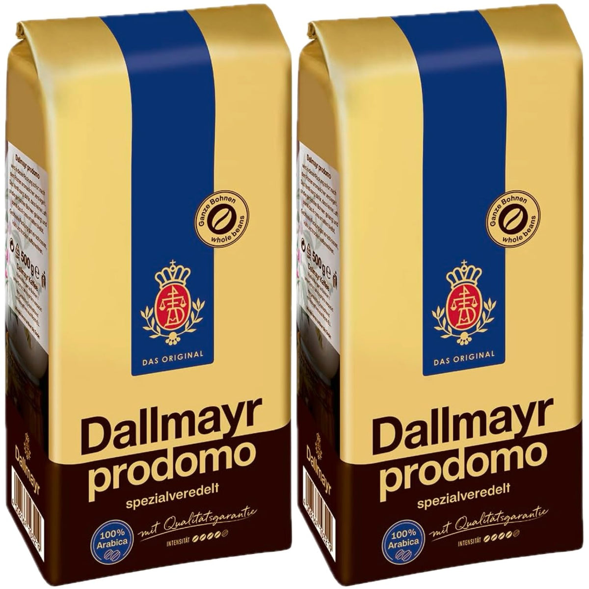 Dallmayr Prodomo front packaging showing twin 1.1 lb bags and brand clarity benefit