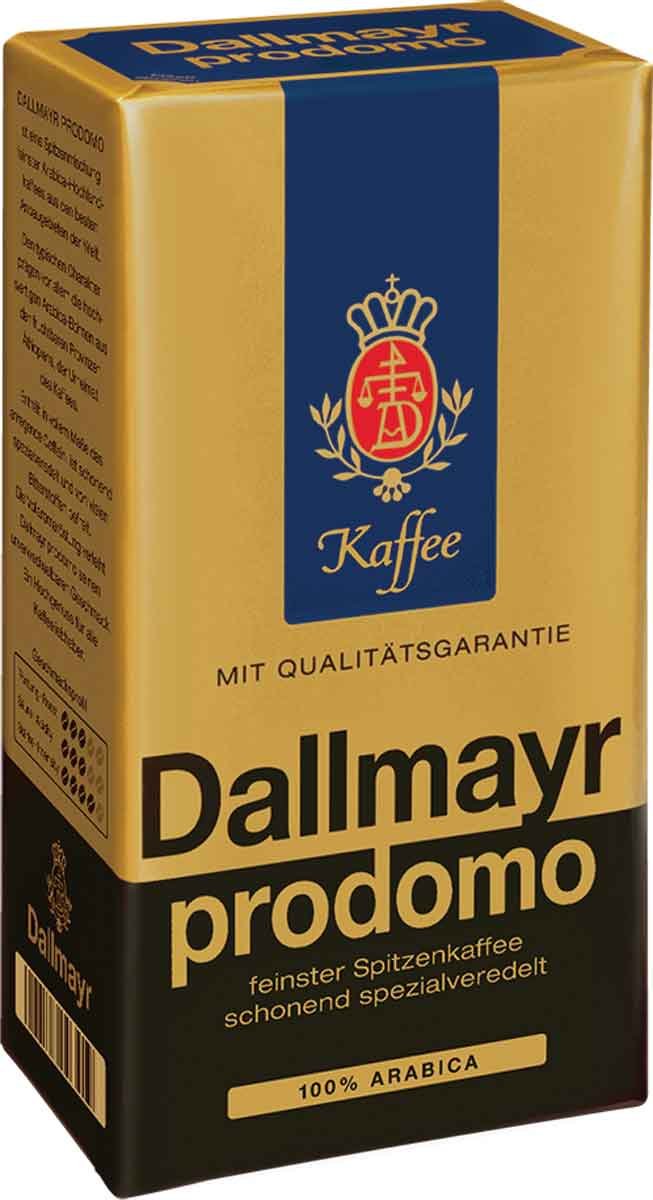 Dallmayr Prodomo front packaging vacuum-sealed bag shows brand and weight, preserving aroma