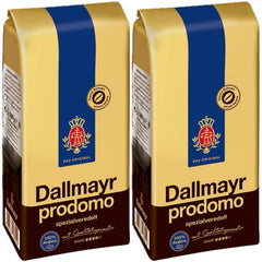 Dallmayr Prodomo front packaging showing twin 1.1 lb bags and brand clarity benefit