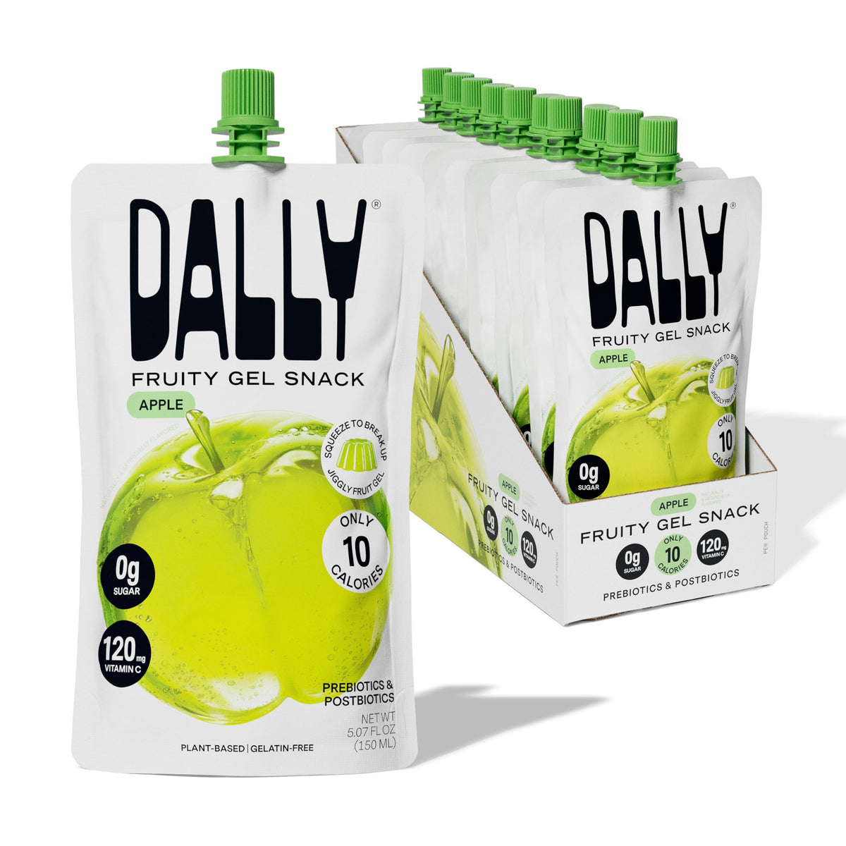 DALLY front packaging showing ten apple konjac pouches and benefits