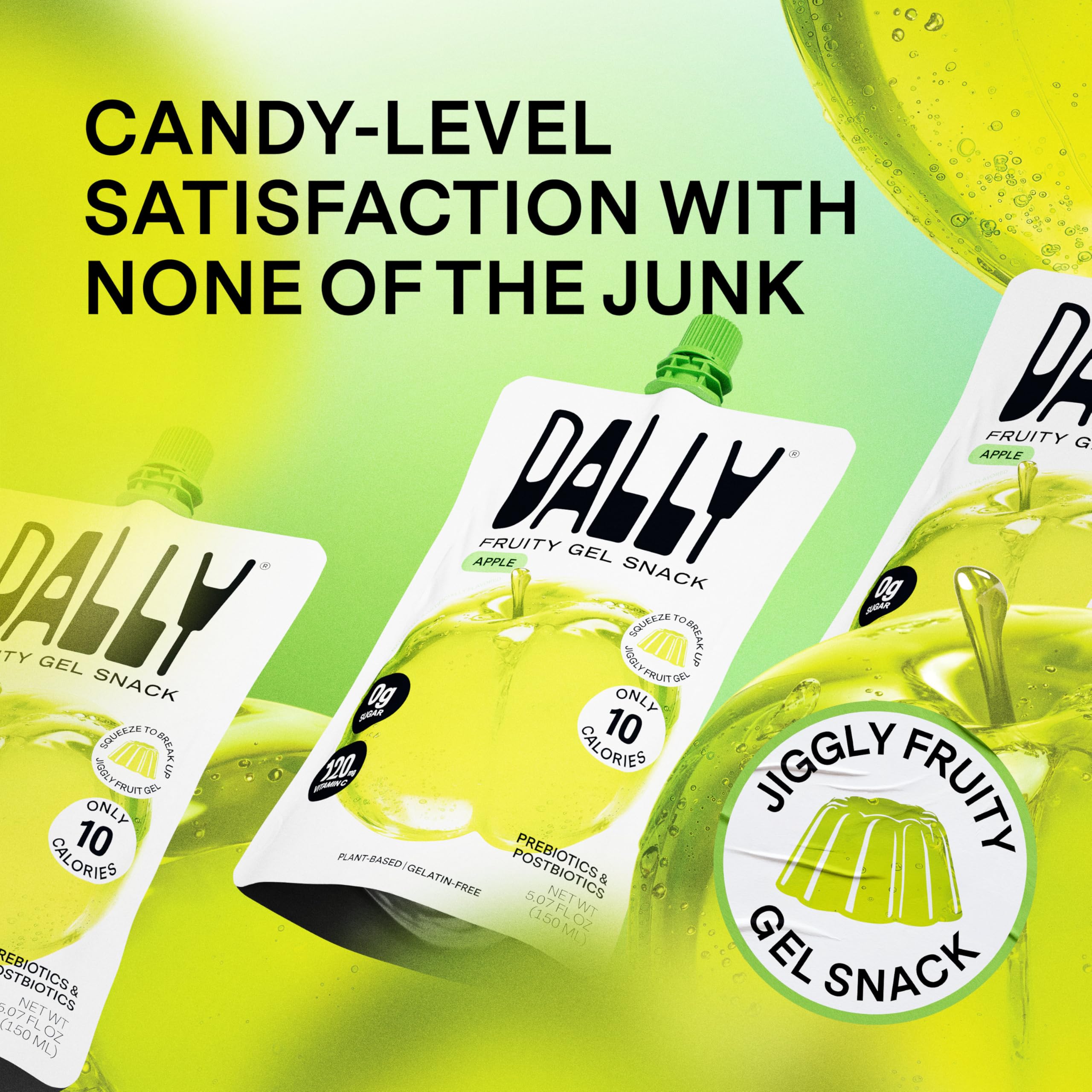 DALLY close-up of apple konjac pouch label highlighting real fruit extract
