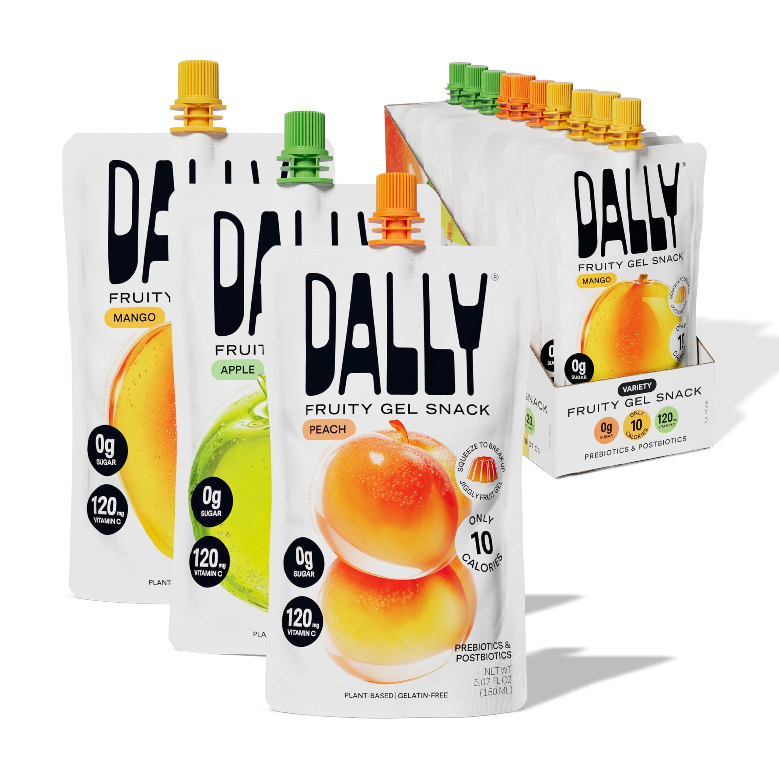 DALLY front packaging showing mango peach apple assortment and travel-ready benefit