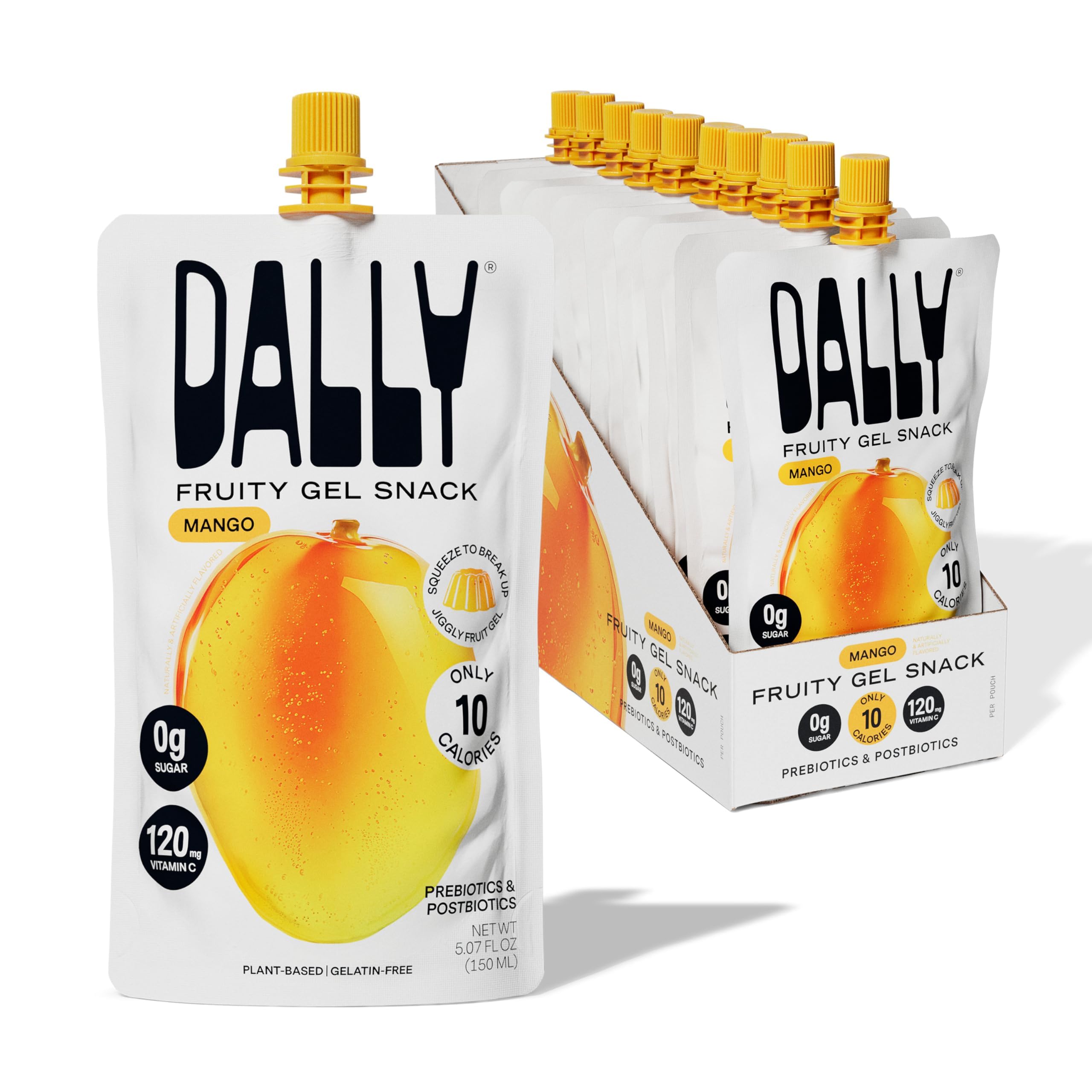 DALLY front packaging of ten mango konjac pouches showing benefits