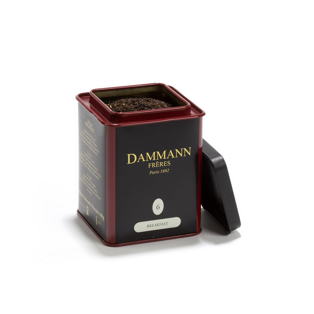 Dammann Freres tin front view showing branding and compact storage benefit