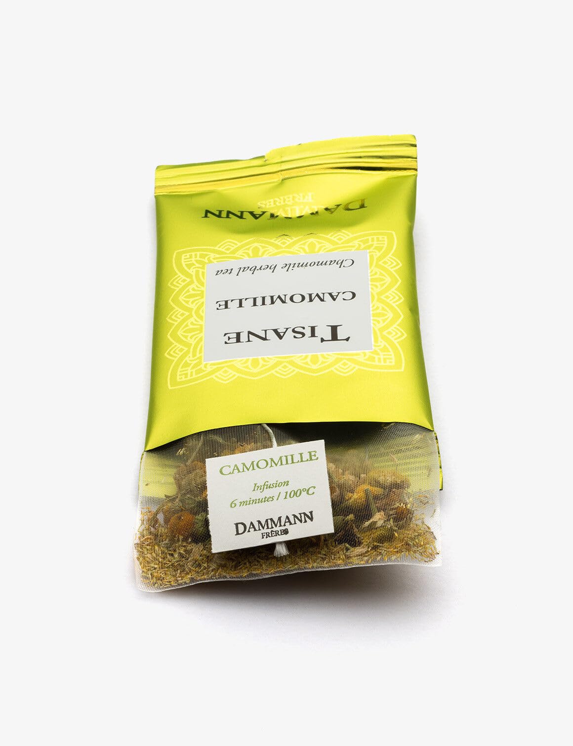 Dammann Freres Cristal sachet close-up showing individual wrap that preserves freshness