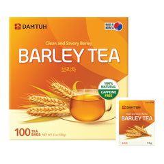 Damtuh front packaging of 100-count roasted barley tea bags showing value and freshness