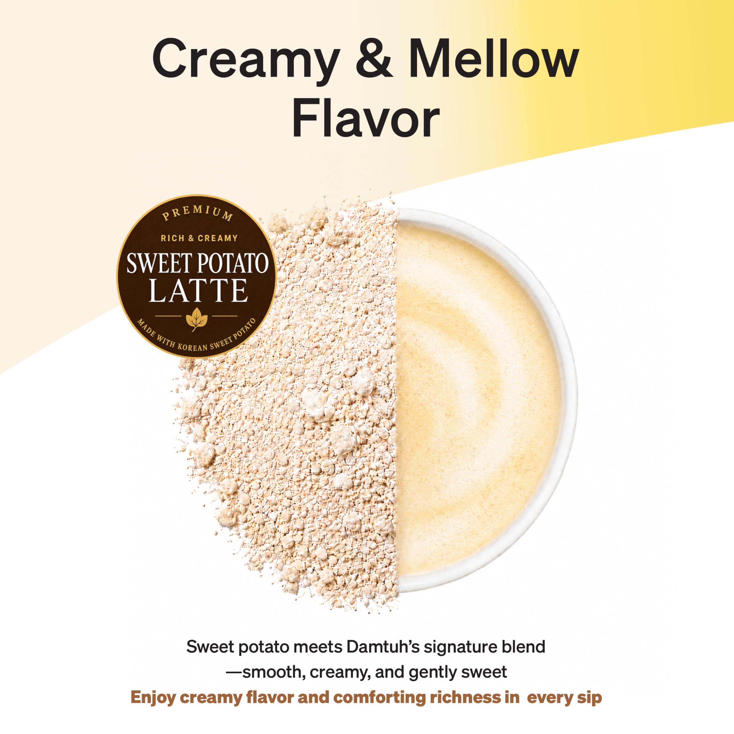 Close-up of Damtuh goguma latte powder texture highlighting real sweet potato