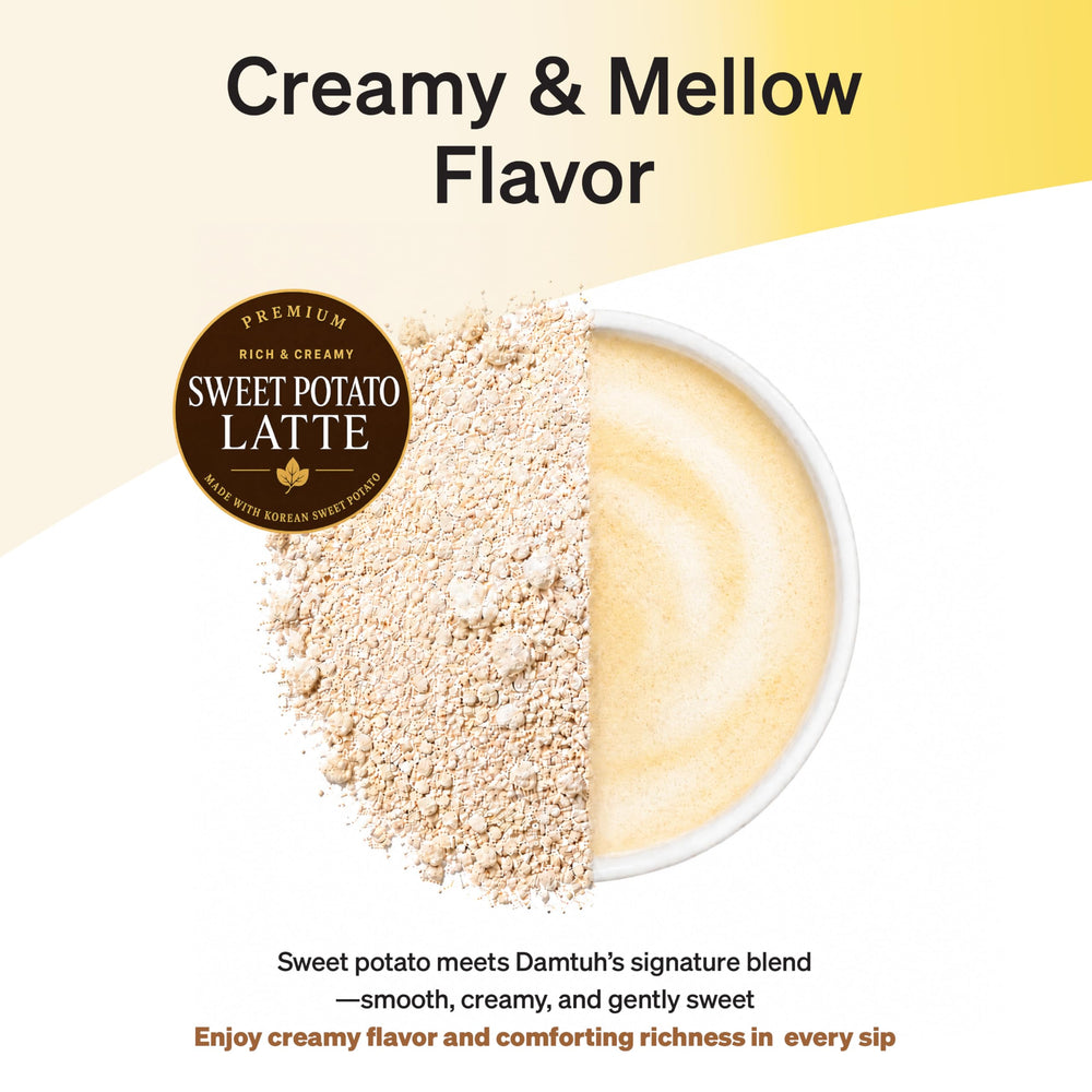 Close-up of Damtuh goguma latte powder texture highlighting real sweet potato