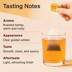 Damtuh tea bag steeping in cup with steam showing warm toasted flavor extraction